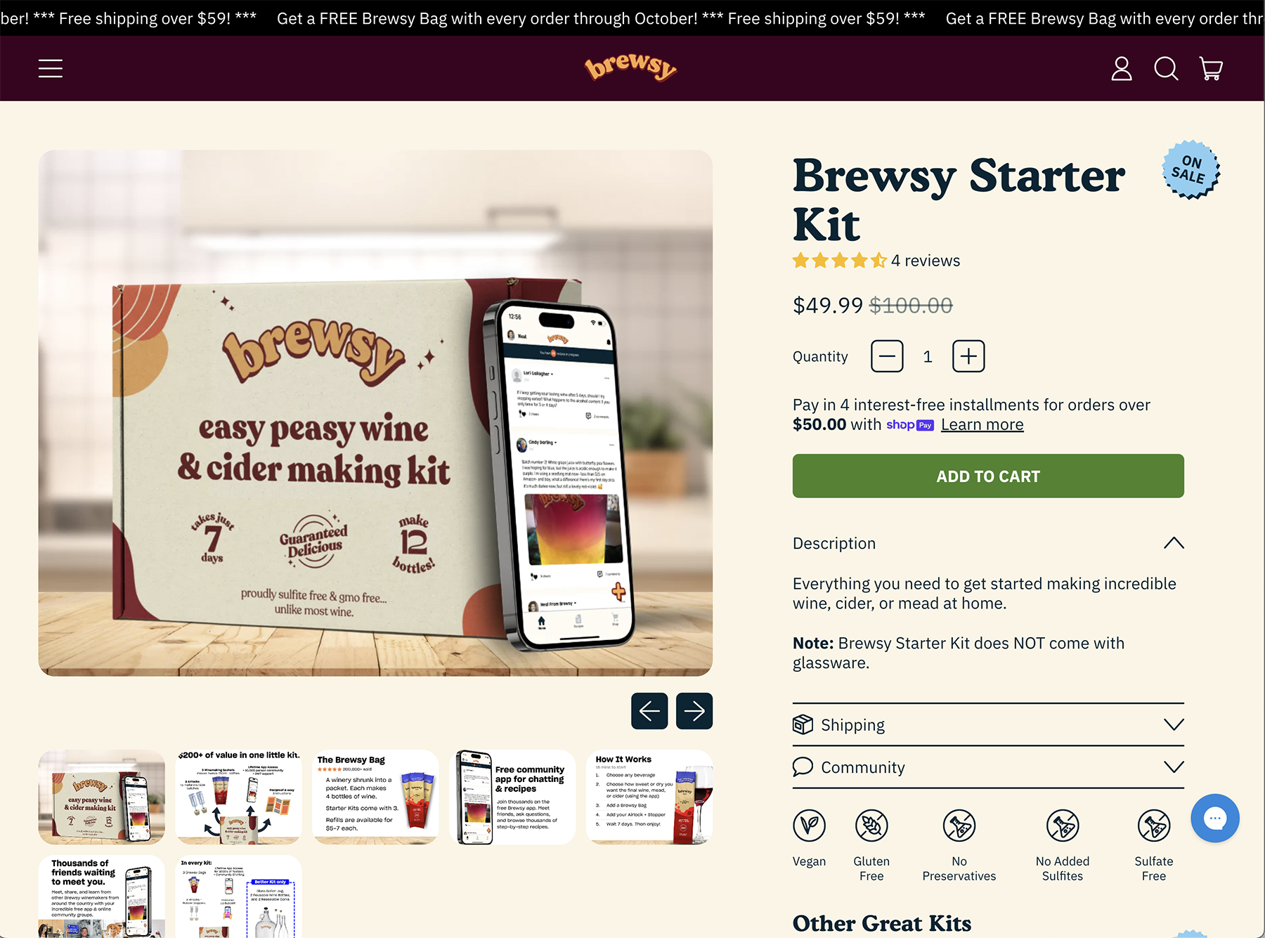 Brewsy's new product detail page featuring the easy-to-use wine and cider making starter kit. With a clear layout, updated design, and streamlined purchasing options, customers can quickly add the kit to their cart. Screenshot of the Brewsy website after the retheme