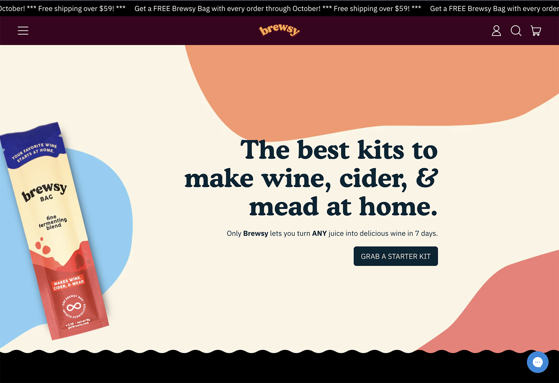 Brewsy's revamped homepage featuring a bold new banner that highlights their easy-to-use wine, cider, and mead brewing kits. Screenshot of the Brewsy website after the retheme