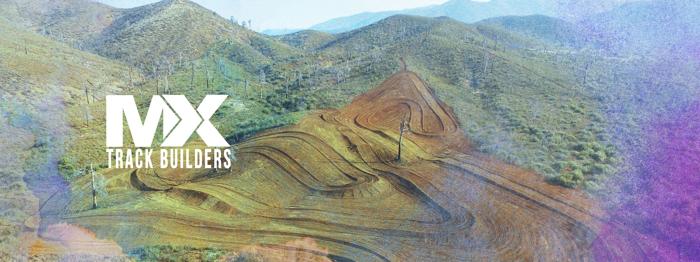 Aerial view of hills and motocross track with MX Track Builders logo