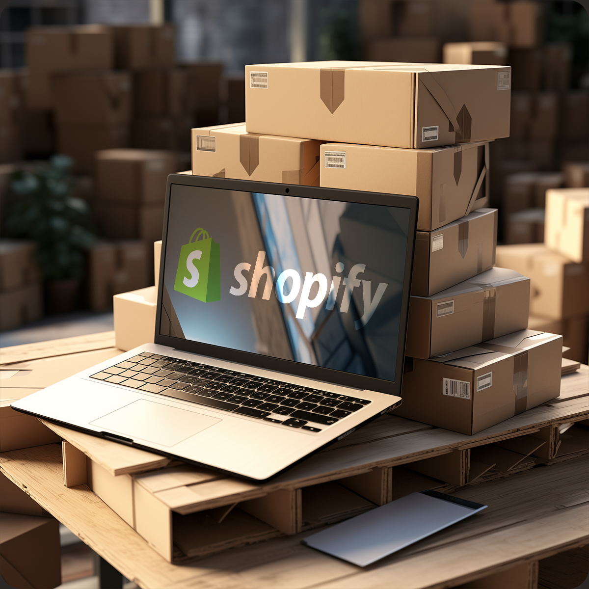 an open laptop with the Shopify logo on the screen near a stack of shipping boxes
